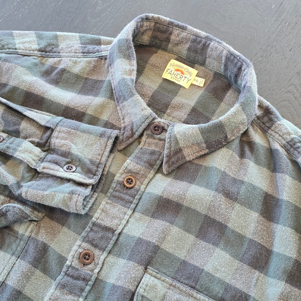 Faherty Mens XXL Green Gray Buffalo Check Flannel Button Down Shirt Cotton L/S